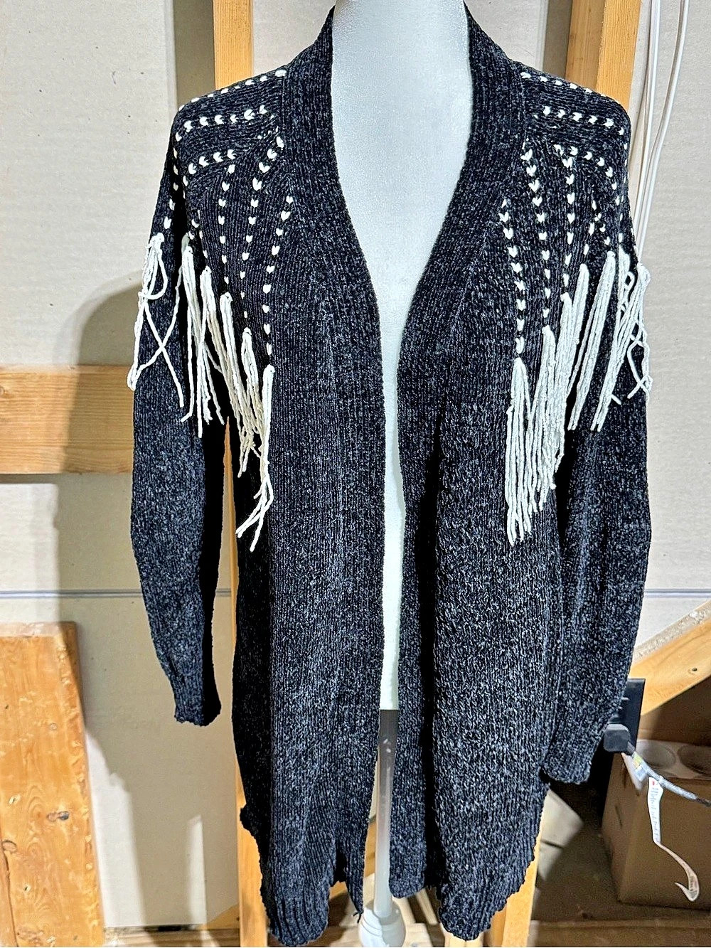 Cato Fringe Cardigan in Black & White Size Medium NWT